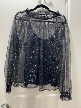 J. Crew Navy Sheer Blouse with Gold Dot Accents